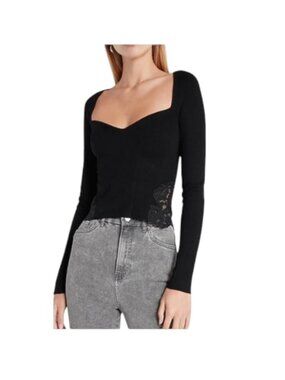 Express Body Contour Sweater S Black Lace Sweetheart Neck Ribbed Long Sleeve EUC